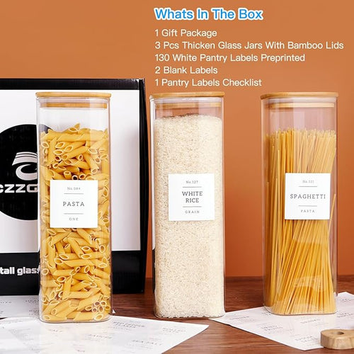 3 Pack Square Kitchen Storage Jars with Airtight Bamboo Lids and 132 Pantry Labels - 80oz Glass Canisters with Wood Lids - Food Storage Containers for Spaghetti, Pasta, Fettuccine