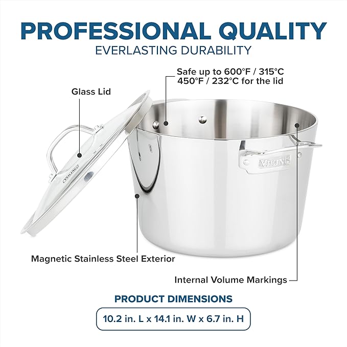 Viking Contemporary 3-Ply Stainless Steel Stock Pot, 8 Quart Soup Cooking Pot with Lid, Kitchen Cookware
