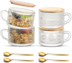 JBHO Vintage Glass 14OZ Coffee Mugs 4pcs Clear Embossed Glass Cups with Bamboo Lids and Spoons Gifts for Women Overnight Containers for Tea,Cereal,Cappuccino, Latte