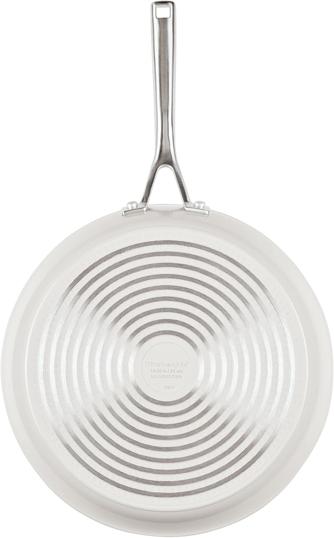 KitchenAid Hard Anodized Ceramic Induction Nonstick Cookware Frying Pan/Skillet with Lid, Dishwasher Safe, 12.25 Inch Non Stick Fry Pan with Stainless Steel Handle - Porcelain White