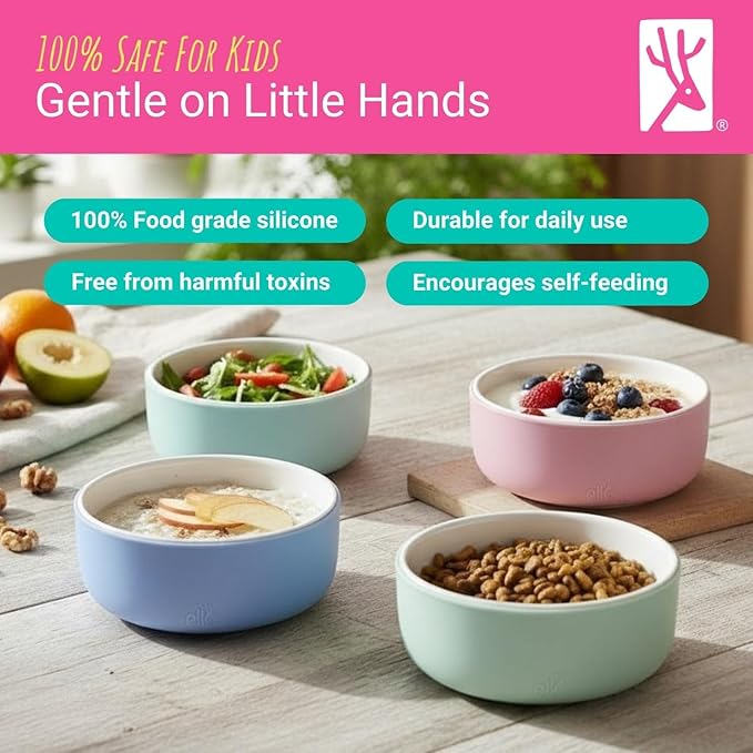 Elk and Friends Kids Porcelain Bowls with Silicone Sleeve + Silicone Lid | Kids/Toddler/Baby Feeding | Microwave & Dishwasher Safe | Non slip | Cereal/Soup/Snack Dishes & Dinnerware