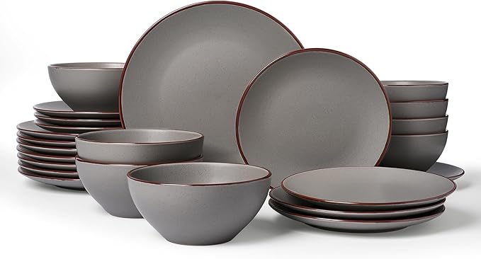 Famiware Venus Plates and Bowls Sets, 24 Pieces Stoneware Speckled Dishes Dinnerware Set for 8, Matte Dark Gray - Microwave & Dishwasher Safe, Modern Minimalist, for Everyday Meals & Formal Dining