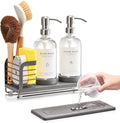 Kitchen Soap Dispenser Set with Drying Tray – 16oz Glass Bottles with Stainless Steel Pumps, Sink Organizer Caddy with Brush Holder & Non-Slip Feet – All-in-One Dish & Hand Soap Station
