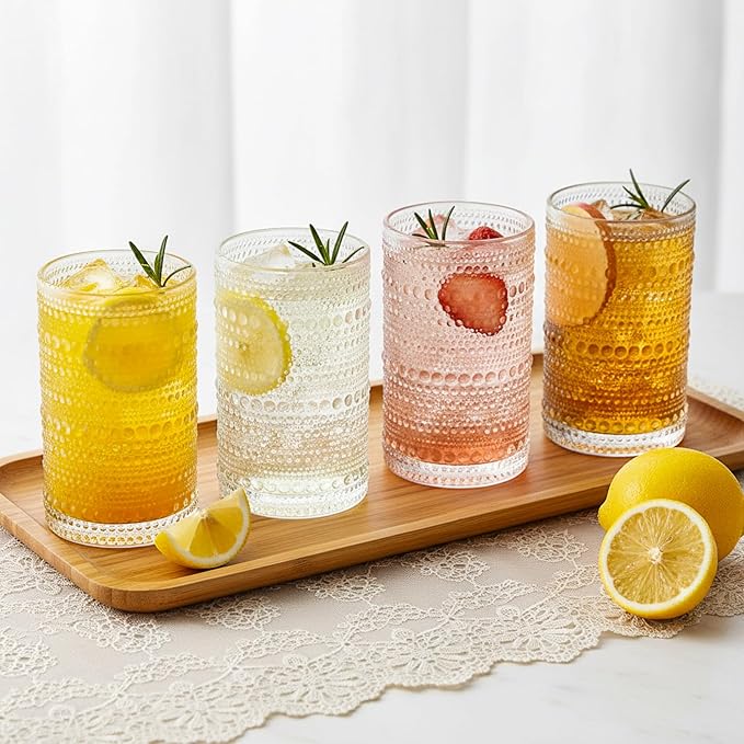 Moretoes Large Hobnail Drinking Glass Set of 12,15oz Clear Vintage Glassware,Embossed Glass Cups,Water Tumbler,Highball Glasses For Beer, Juice And Various Mixed Drinks