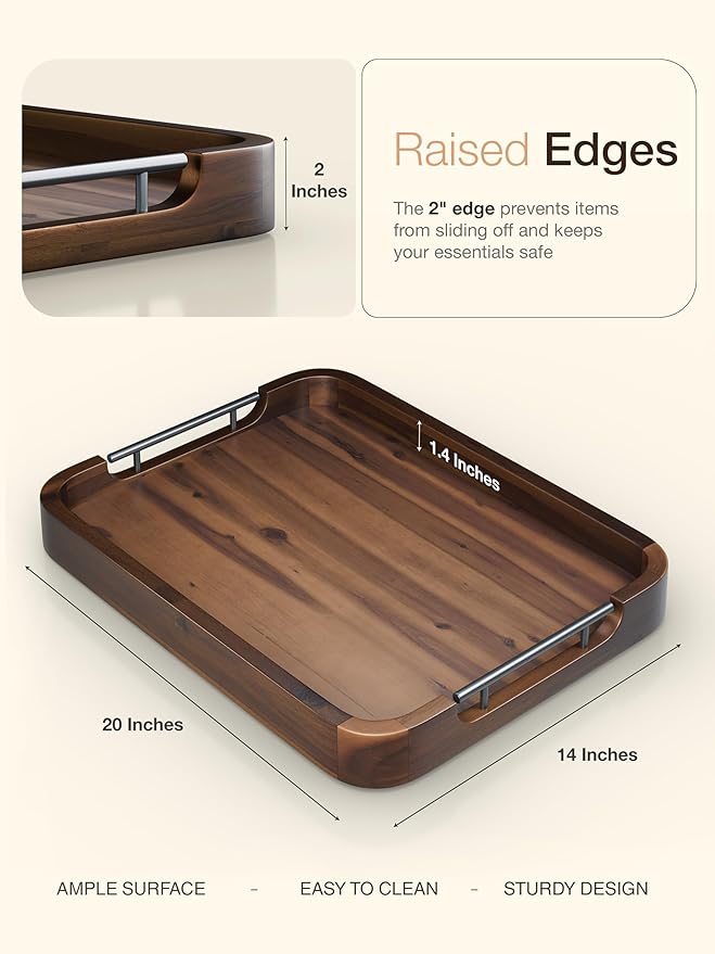 TIDITA Large Serving Tray with Handles - 20”x14” Rectangle Ottoman Tray, Wooden Tray for Ottoman, Wooden Ottoman Tray for Living Room - Decorative Trays for Coffee Table with Round Edge (Walnut color)