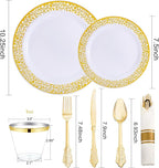 DaYammi 210 PCS Gold Plastic Plates, Gold Plastic Dinnerware Sets, Includes: 30 Dinner Plates, 30 Salad Plates, 30 Pre Rolled Napkins with Gold silverware,30 Cups 9 OZ, Perfect for Wedding and Party