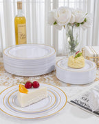 GATHER 700PCS Gold Plastic Plates - Whtie and Gold Disposable Dinnerware Sets 100Guest - 200 Disposable Plate, 300 Plastic Silverware, 100 Cups, 100 Napkins for Wedding & Party