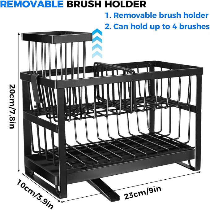 2-Tier Sink Sponge Caddy Organizer | Self Drain Sink Caddy with Dish Brush Holder | Non Toxic Kitchen Sink Accessories for Sponges, Brushes & Soap (Black)