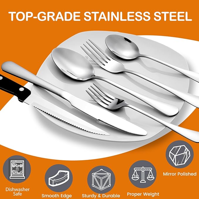 49 Piece Silverware Set with Organizer - Utensil Sets Stainless Steel Cutlery Set for 8, Mirror Finished Flatware Spoons and Forks with Steak Knives, Dishwasher Safe, Rust-proof
