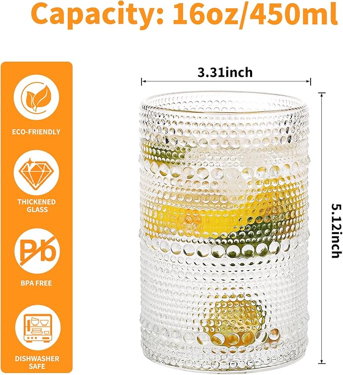 Hobnail Drinking Glasses Set of 6, 16 Oz Vintage Style Tumblers Smooth Interior Thick Durable Glasses Cups Dishwasher Safe for Water, Juice, Wine, Whiskey