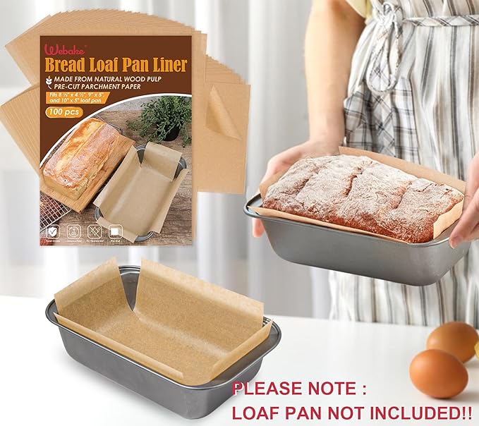 Webake Unbleached Parchment Paper Loaf Pan Liners for Baking Bread 9x5, 1lb 1.5lb 2lb, Original Precut, Non Toxic 100 Pcs Baking Paper