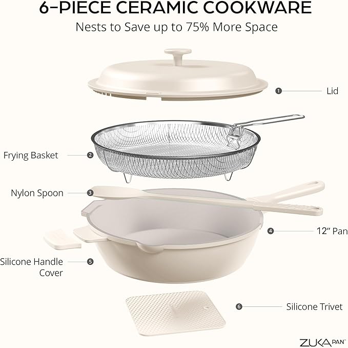 ZUKA 10 in 1 Ceramic Pan by Granitestone, Large 12 Inch Saute Pan with Lid Serves as Deep Frying Pan Set with Steamer, Everyday Skillet, Non Toxic Ceramic Nonstick, Induction Oven & Dishwasher Safe