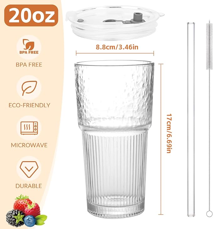 20oz Glass Tumblers with Lids and Straws,2PCS Glass Cups with Lids and Straws,Iced Coffee Cups with Lid,Drinking Glasses for Juice, Smoothies