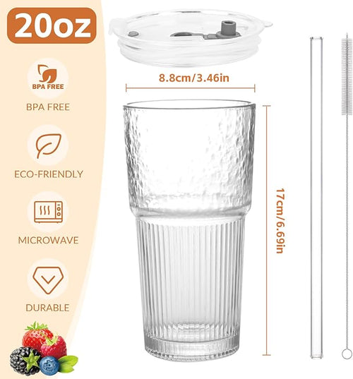 20oz Glass Tumblers with Lids and Straws,2PCS Glass Cups with Lids and Straws,Iced Coffee Cups with Lid,Drinking Glasses for Juice, Smoothies