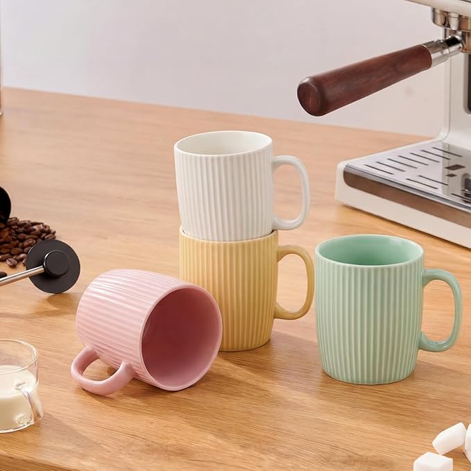 Coffee Mugs Set of 4, 14oz Ceramic Coffee Cups Set, Modern Ribbed Striped Coffee Cups with Large Handles for Latte, Tea, Cocoa, Dishwasher & Microwave Safe, Lead-Free, Stackable