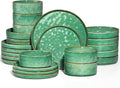 E-far 24-Piece Plates and Bowls Sets with Pasta Bowls - Stoneware Dinnerware Set for 6, Modern Ribbed Dishes, Microwave & Dishwasher Safe, Reactive Green