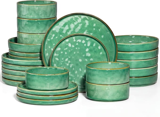 E-far 24-Piece Plates and Bowls Sets with Pasta Bowls - Stoneware Dinnerware Set for 6, Modern Ribbed Dishes, Microwave & Dishwasher Safe, Reactive Green