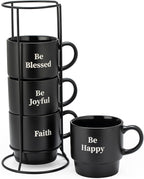Signature Housewares Stackable Coffee Mug Tower Set with Metal Wire Rack - 15 Ounce Coffee Mugs for Coffee, Tea, Cocoa, Milk, Cappuccino, Hot Chocolate Set of 4 - Be Happy Matte Black