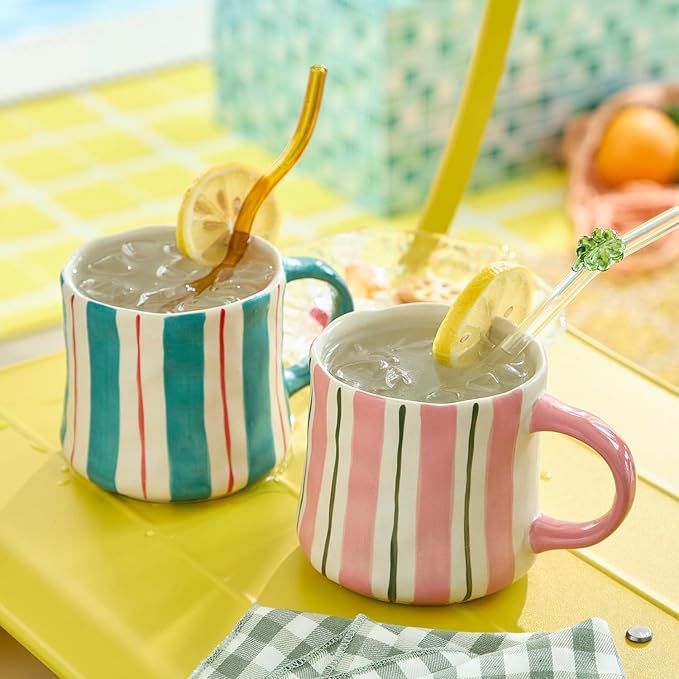 Striped Ceramic Coffee Mugs Set of 2, Pink and Green Stackable Stoneware Mugs for Morning Coffee, Tea & Cocoa, 12oz Dishwasher & Microwave Safe Mug Gift Set for Home & Office
