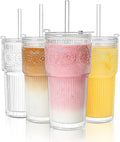 SoulTimes 20oz Ribbed & Floral Glass Tumbler Set of 4 – Reusable Glass Cups with Lid and Glass Straw, To-Go Iced Coffee Cups for Water, Smoothie, Milk, Cocktail & More – Perfect for Daily Use & Travel