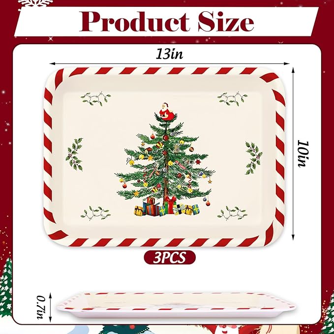 Whaline 3 Pcs Christmas Serving Trays Xmas Tree Plastic Serving Platters Dishes for Holiday Party Breakfast Lunch Dinner Food Snack Supplies, 10 x 13 Inch