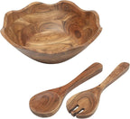 Gibson Home Sandhurst 3-Piece Acacia Wood Salad Bowl Set – 12-Inch Scalloped Serving Bowl with Wooden Salad Servers – Natural Rustic Finish for Dining, Entertaining, or Gifting