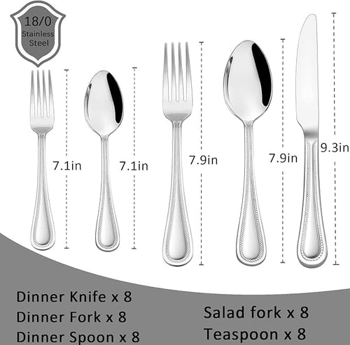 40-Piece Silverware Set, HaWare Stainless Steel Flatware Service for 8, Pearled Edge Tableware Cutlery Include Knife/Fork/Spoon, Beading Eating Utensil for Home, Mirror Polished, Dishwasher Safe