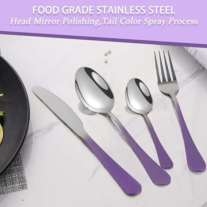 24 Pieces Flatware Set, Stainless Steel Cutlery Set with Silverware Holder, Modern Eating Tableware Set Includes Dinner Knives Forks Spoons,Hanging Silverware Set Service for 6 (Purple)