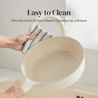 Redchef Ceramic Frying Pan with Glass Lid, Nonstick Deep Saute Pan for All Stovetops, Healthy Cooking Pan, Ergonomic Handle, Fast Even Heating, Splatter Prevention, Oven Safe, Beige (5.2Qt, 12")