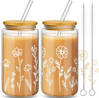 Mumufy 2 Pack Gift for Women Cute Glass Cup Tumbler Flower Iced Coffee Mugs 16 oz Glass with Bamboo Lid & Straw, Mothers Day Birthday Gift for Mom Sister Bridesmaid Baby Shower(Boho Floral)