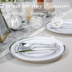 N9R 600PCS Silver Disposable Plastic Plates, Silver Plastic Dinnerware Set Includes 100 Dinner Plates, Dessert Plate, Cups, Spoons, Forks, Knives for 100 Guests, Perfect for Party, Wedding, Birthday