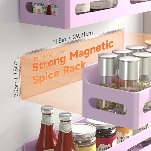 4 Pack Strong Magnetic Spice Rack for Refrigerator, Multipurpose Magnetic Shelf for Fridge with 4 Hooks for kitchen and Bathroom Organization, Pink