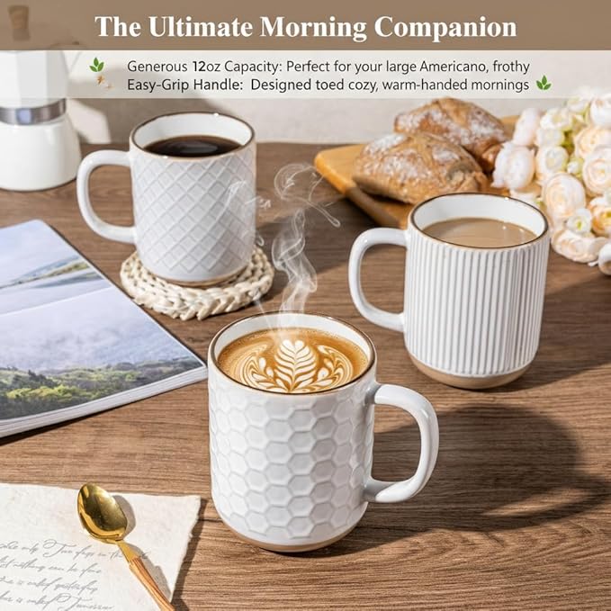 GBhome Coffee Mugs Set of 4, 12oz Handmade Stoneware Coffee Mugs Set with Large Handle for Cappuccino/Latte/Tea/Hot Cocoa, Dishwasher & Microwave Safe, Off White