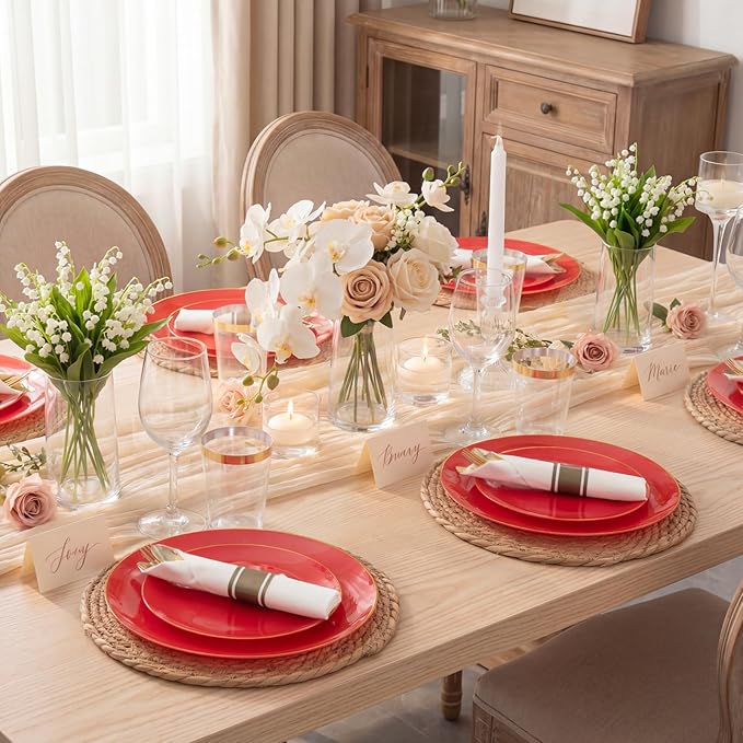 KIRE 350PCS Red Plastic Plates - Heavy Duty Red Plates Disposable - 50Guest Plastic Dinnerware Include 50Dinner Plate,50Dessert Plate,50Pre Rolled Napkins with Silverware for Valentine's Day&Wedding