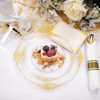 Nervure 175PCS Clear Gold Plastic Plates - Disposable Gold Party Plates & Pre Rolled Napkins with Cutlery for 25 Guests, 50Plates, 75Silverware, 25Cups, 25Napkin for Wedding & Party
