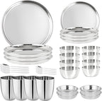 Stainless Steel Dinnerware Set of 32 Pcs (Dinner Plates, Cups, Dishes, Bowls) Metal Dinnerware Sets, Dishwasher Safe, Reusable Dinner Set for Home Kitchen Camping - Service for 4
