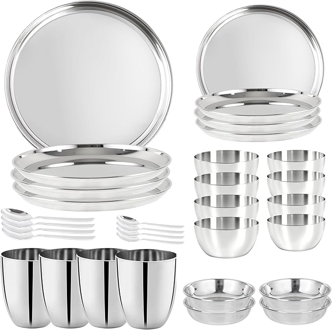 Stainless Steel Dinnerware Set of 32 Pcs (Dinner Plates, Cups, Dishes, Bowls) Metal Dinnerware Sets, Dishwasher Safe, Reusable Dinner Set for Home Kitchen Camping - Service for 4