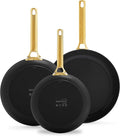 GreenPan Hard Anodized Healthy Ceramic Nonstick, 8" 10" and 12" 3 Piece Frying Pan Skillet Set, Gold Handle, PFAS-Free, Dishwasher Safe, Oven Safe, Black