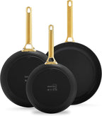 GreenPan Hard Anodized Healthy Ceramic Nonstick, 8" 10" and 12" 3 Piece Frying Pan Skillet Set, Gold Handle, PFAS-Free, Dishwasher Safe, Oven Safe, Black