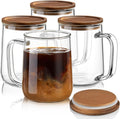 Glass Coffee Mugs, 16 oz Glass Coffee Cups with Acacia Wood Lids, Clear Borosilicate Glass Mugs with Handles for Cappuccino, Tea, Latte, Hot/Cold Beverages, Wine, Americano, Set of 4