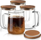 Glass Coffee Mugs, 16 oz Glass Coffee Cups with Acacia Wood Lids, Clear Borosilicate Glass Mugs with Handles for Cappuccino, Tea, Latte, Hot/Cold Beverages, Wine, Americano, Set of 4