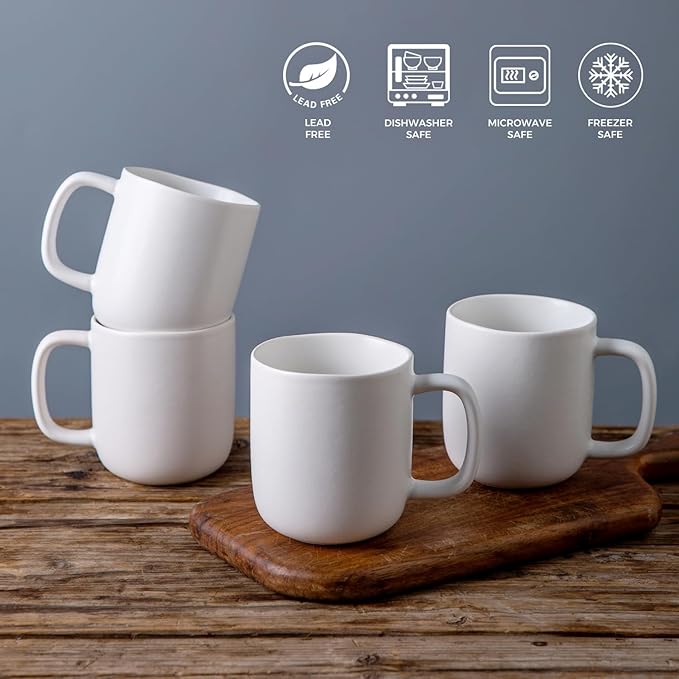 AmorArc 14oz Coffee Mugs Set of 6, Ceramic Coffee Mugs with Large Handle & Wavy Rim for Latte/Hot Cocoa/Tea, Stylish Coffee Cups for Men Women. Oven,Dishwasher&Microwave Safe, Matte White