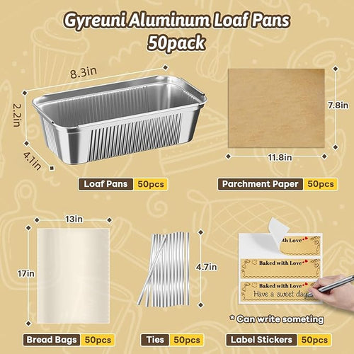 50 Pack 2.4lb Aluminum Loaf Pans Collocate Cellophane Bags/Twist Ties/ Stickers and Parchment Paper Sheets ,8.3" X 4.1" X 2.2" Disposable Aluminum Foil Premium Bread Tins - Disposable Baking Pans