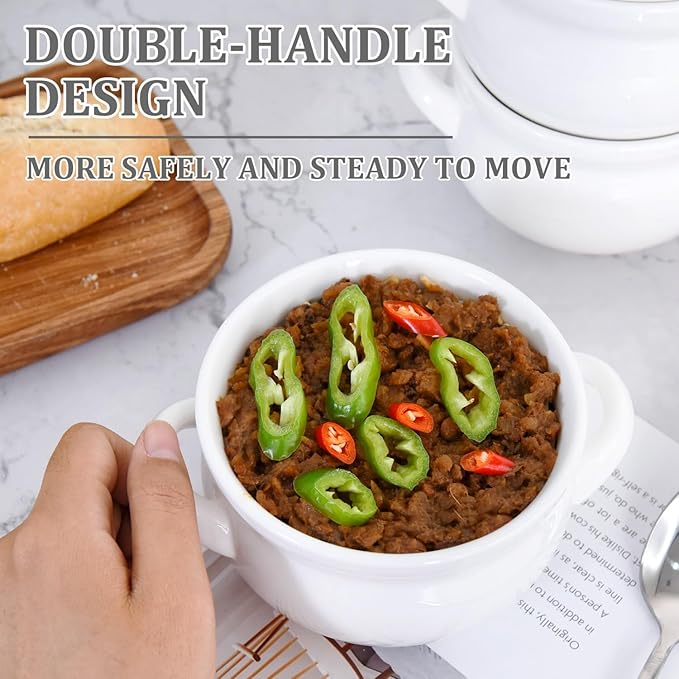 Vumdua Soup Bowls with Handles, 16 Oz Ceramic French Onion Soup Bowls - Stackable Oven Safe Bowls Serving Soup Crocks for Soup, Cereal, Chilli, Pot Pies, Set of 4, White