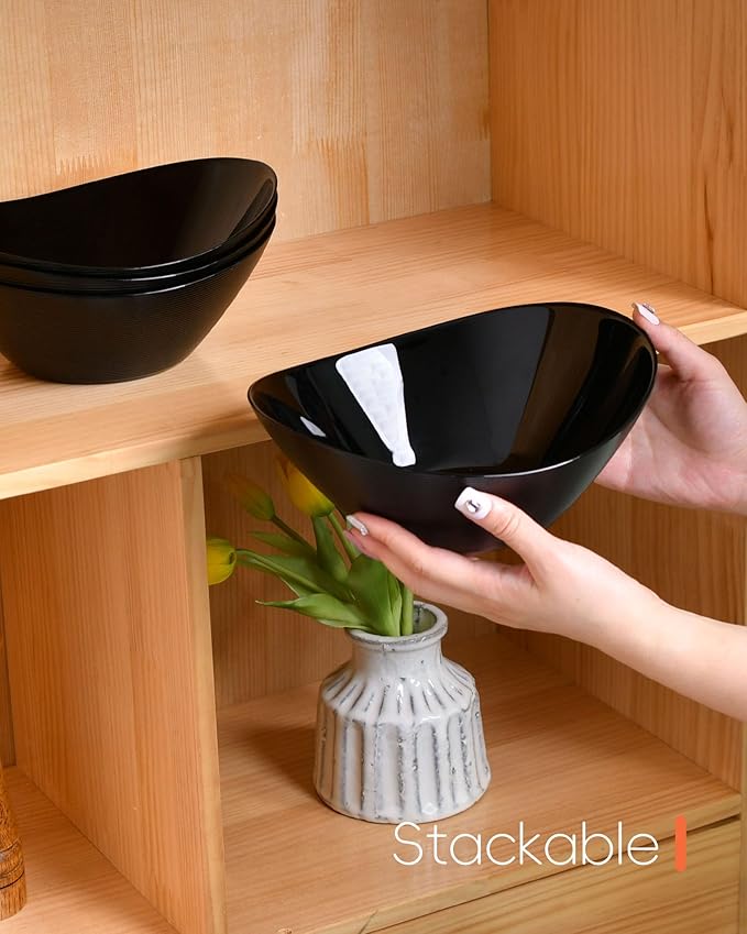 LaGlint 43 OZ Serving Bowl Set of 4, Opal Glass 9 inch Oval Serving Dishes for Salad, Side Dishes, Fruit Kitchen, Microwave & Dishwasher Safe, Black