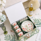 Premium Ceramic Dinnerware Set – Floral Bowls & Plates Set, Elegant Hand-Painted Design, Microwave Safe, Ideal for Wedding/Housewarming/Corporate Gifts (Blossoms, 4*bowls+spoons+plates)