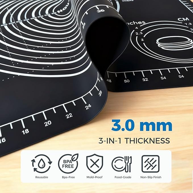 Extra Large Baking Mat - 26" Silicone Pastry Mat, Reusable Non-Stick Dough Mat with Measurement for Fondant, Rolling Dough, Pie Crust, Pizza and Cookies, Black