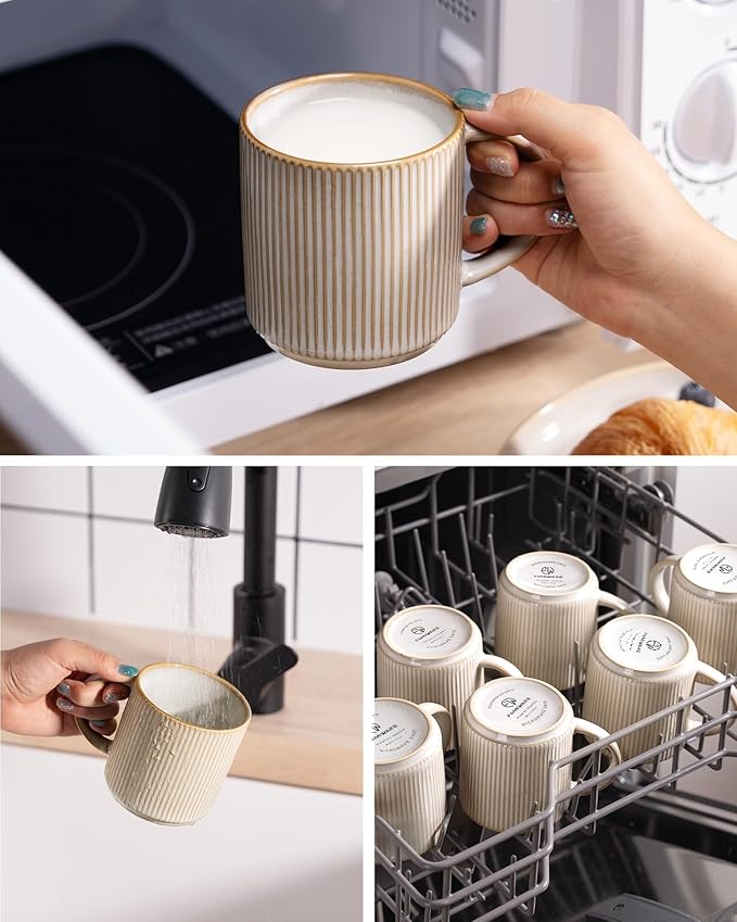 famiware Coffee Mug Set for 4, Star 12 oz Catering Mugs Cup Set with Handle for Coffee, Tea, Cocoa, Milk - Ceramic Stoneware Drinkware Set, Cappuccino White (Pack of 2)