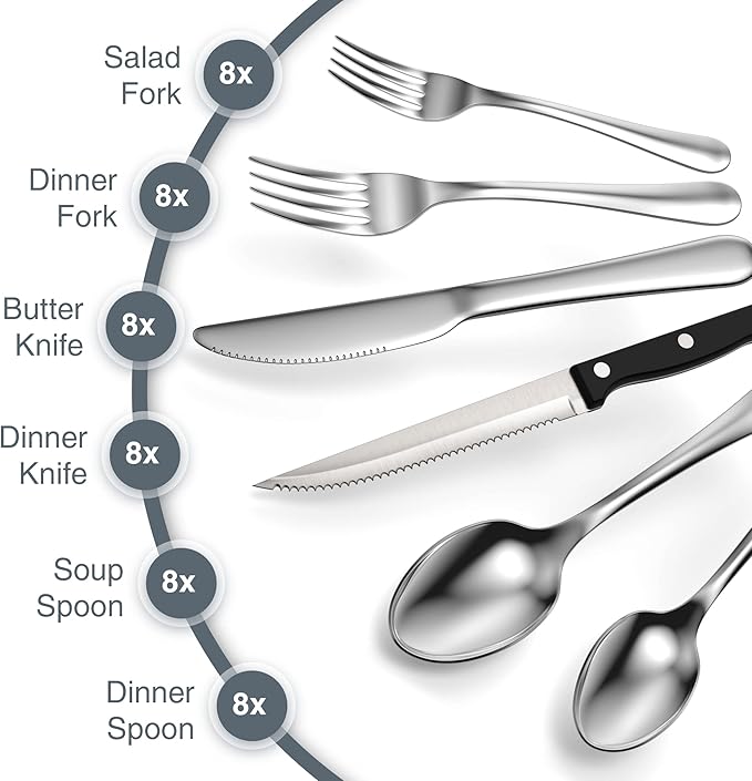 Tribal Cooking 49 Piece Silverware Set - Service for 8 - Stainless Steel Flatware serving set - Cutlery Set - Knife, Fork, and Spoon - Kitchen Utensils set - Dishwasher Safe - Stunning Polished Finish