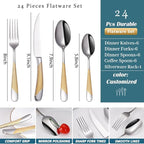 Gold Silverware Set, Caliamary 24 Pieces Flatware Set with Silverware Holder, Stainless Steel Knives and Forks and Spoons Cutlery Set Service for 6, Kitchen Utensil Tableware Set with Antiskid Handle